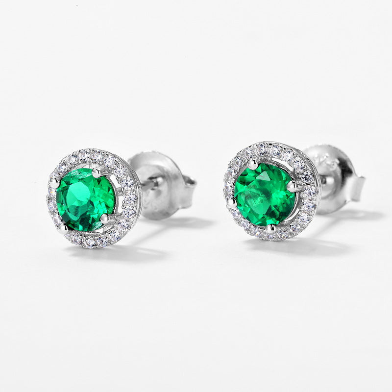 Classic Lab-Created Emerald and Simulated Diamonds in Sterling Silver Stud Earrings For May Birthstone Gift | Ohcara Jewelry