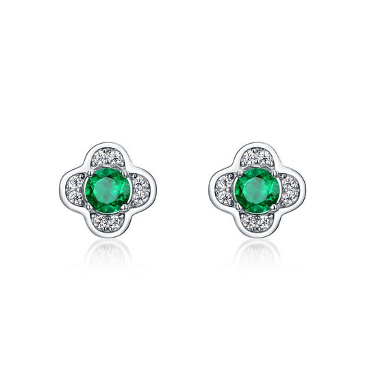 Round Bezel Emerald Prong Set Four Clover Leaf Stud Earrings in Silver | Ohcara Jewelry