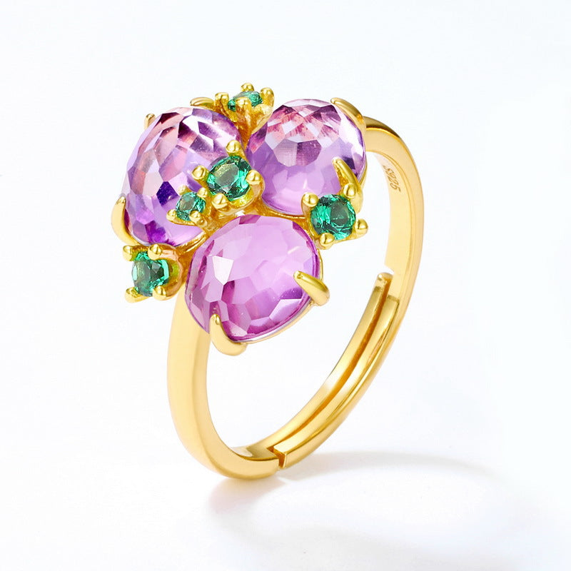 Cocktail Ring with Lab Created Amethyest Gemstones and Emerald | Cocktail Ring for Parties in 925 Sterling Plated Gold | Ohcara Jewlery