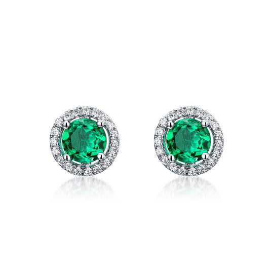 5.1 mm Round Created Emerald and 1/5 ctw Round Lab Grown Diamond Shadow Halo Stud Earrings | Ohcara Jewelry