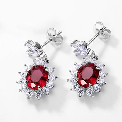 High Quality Oval Lab-Created Ruby and Simulated Diamonds in 925 Sterling Silver Drop Earrings For May Borns | Ohcara Jewelry