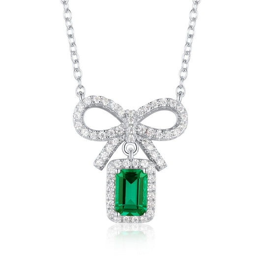 Bow Tie Emerald and Simulated Diamonds Necklace in Sterling Silver | Ohcara Jewelry 