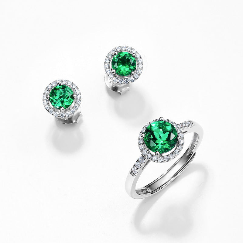 Lab-Created Emerald and Simulated Diamonds Stud Earrings with Round Emerald Lab Grown Ring in Silver | Ohcara Jewelry