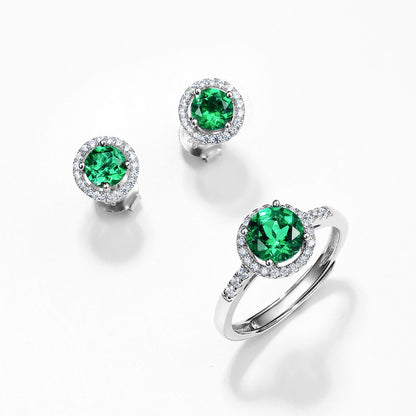 Lab-Created Emerald and Simulated Diamonds Stud Earrings with Round Emerald Lab Grown Ring in Silver | Ohcara Jewelry