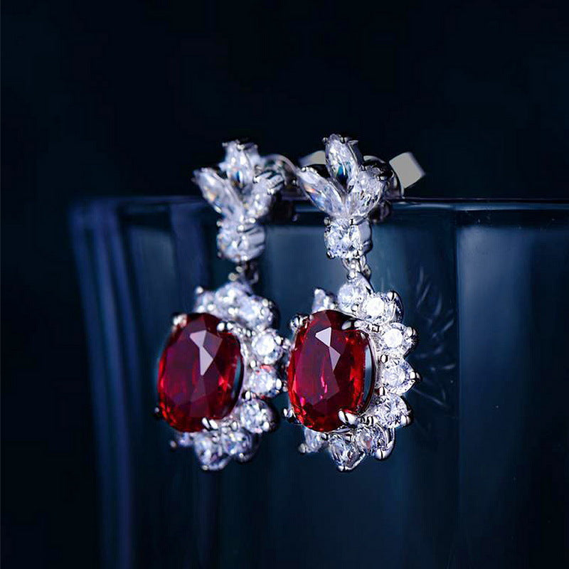 Red Oval Ruby and Simulated Diamonds in 925 Sterling Silver Drop Antique EArrings | Ohcara Jewelry