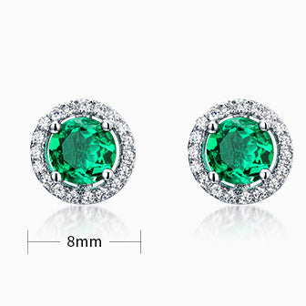 5.1 mm Round Created Emerald and 1/5 ctw Round Lab Grown Diamond Shadow Halo Stud Earrings | Ohcara