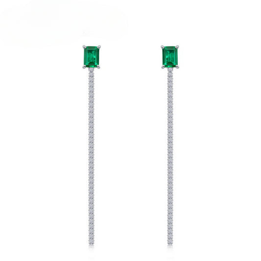 Emerald and Diamonds Long Linear Drop Earrings in Silver  | Emerald Dinner Night Earrings | Ohcara Jewelry