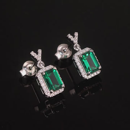 Art Deco Emerald Halo Drop Earrings